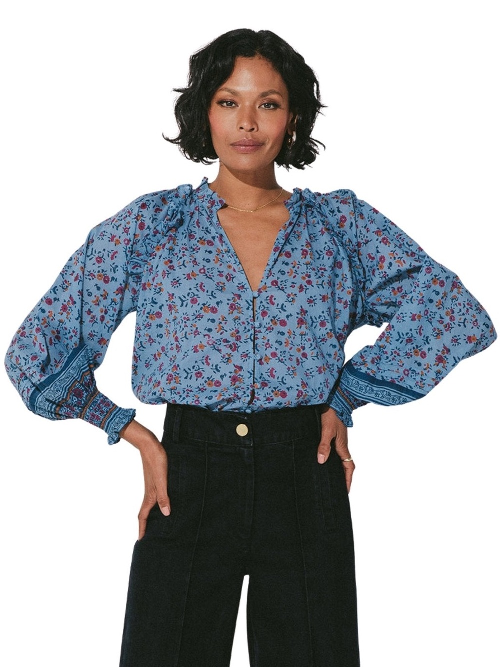 Cleobella Ariana Blouse Lapis Blue Floral Organic Cotton Small